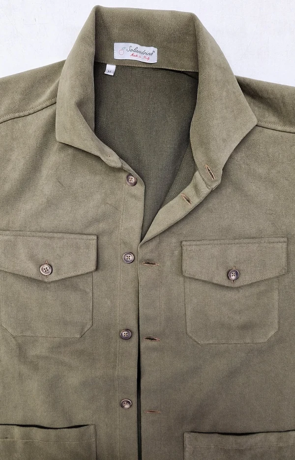 Giacca Overshirt  Sahariana Safari verdone militare 4 tasche gabardina 100% cotone Made in italy