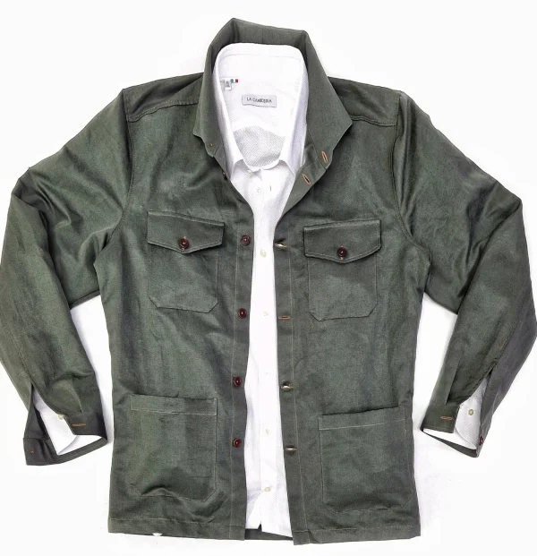 Giacca Sahariana Overshirt Safari verdone oliva  4 tasche gabardina 100% cotone Made in italy
