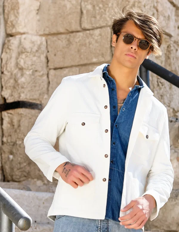 Giacca Sahariana Overshirt Safari Bianco velluto corduroy militare 4 tasche gabardina 100% cotone Made in italy