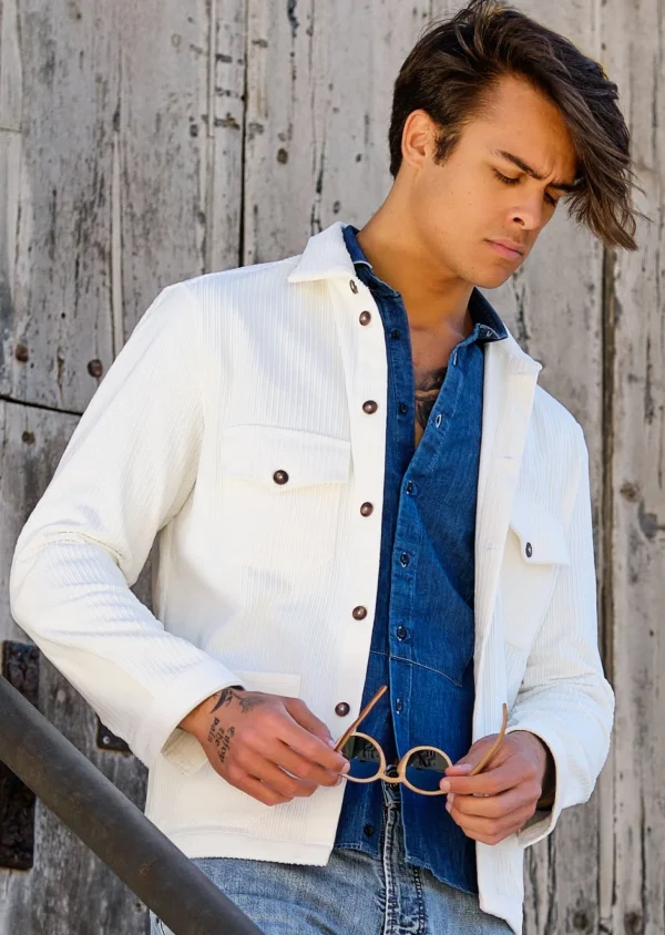 Giacca Sahariana Overshirt Safari Bianco velluto corduroy militare 4 tasche gabardina 100% cotone Made in italy