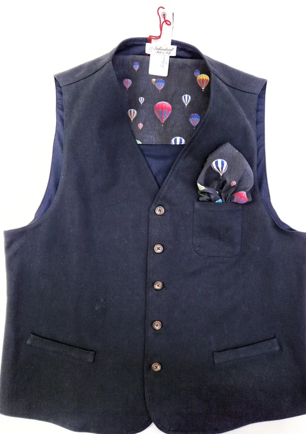Gilet Panciotto Blu Navy gabardina 100% Cotone con inserto e pochet mongolfiera  floreale Made in Italy