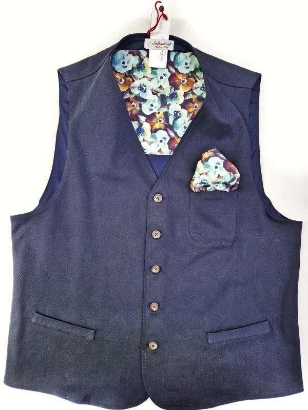Gilet Panciotto blue gabardina 100% Cotone con inserto e pochet fantasia floreale Made in Italy