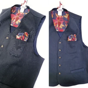 Gilet Panciotto blue gabardina 100% Cotone con inserto e pochet fantasia Made in Italy