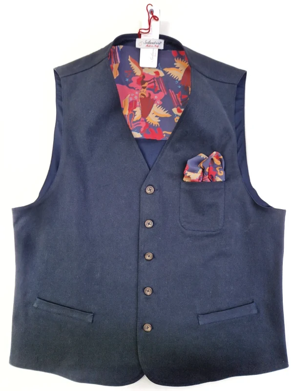 Gilet Panciotto blue gabardina 100% Cotone con inserto e pochet fantasia Made in Italy