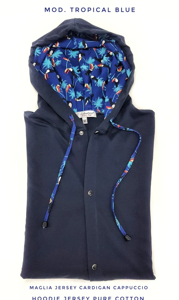 Maglia cardigan jersey blu con Cappuccio Design tucano made in Italy Fantasia  100% cotone - Sweatshirt hoodie
