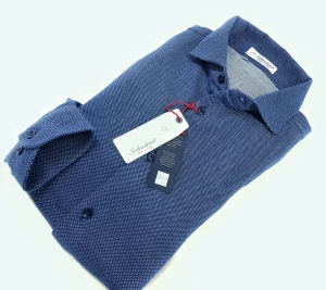 Polo Camicia blu piquet Jersey in maglia morbida alta qualità puro cotone  made in italy knit Jersey piquet