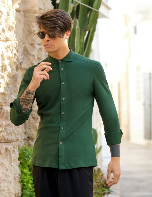 Polo Camicia piquet Verdone verde inglese Jersey in maglia morbida manica lunga alta qualità puro cotone  made in italy knit Jersey piquet
