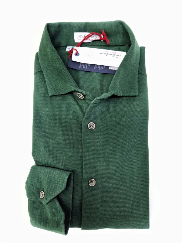 Polo Camicia piquet Verdone verde inglese Jersey in maglia morbida manica lunga alta qualità puro cotone  made in italy knit Jersey piquet
