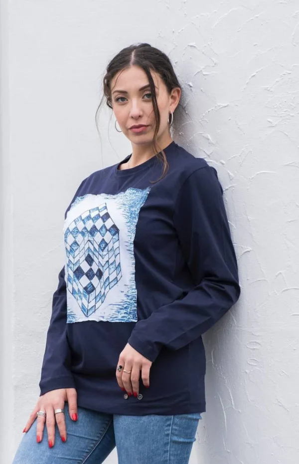 T-shirt DONNA blu manica Lunga made in Italy Fantasia Cube 100% cotone jersey pettinato design cube