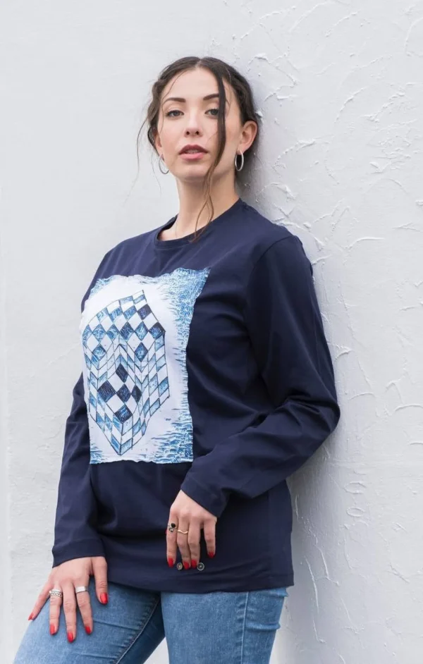 T-shirt DONNA blu manica Lunga made in Italy Fantasia Cube 100% cotone jersey pettinato design cube