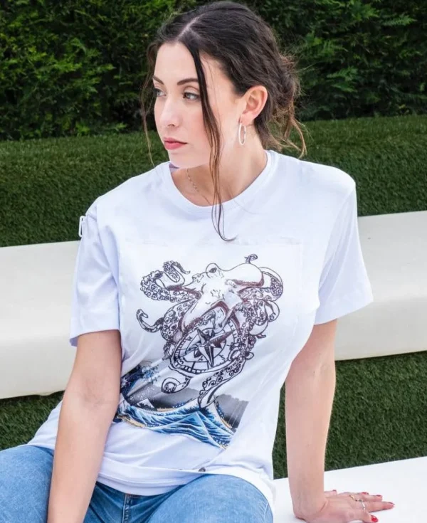T-shirt donna made in Italy fantasia OCTOPUS  100% cotone jersey pettinato -DESIGN OCTOPUS-