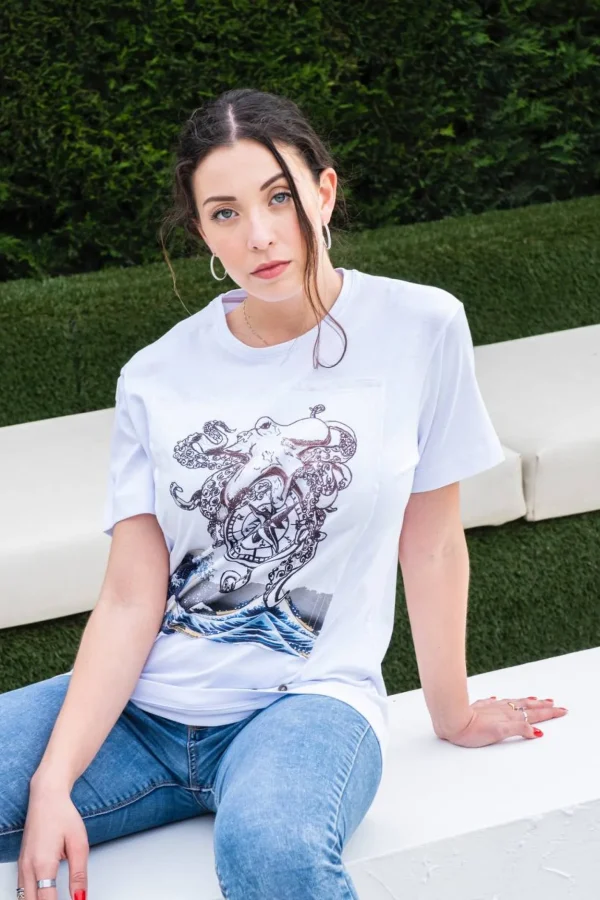 T-shirt donna made in Italy fantasia OCTOPUS  100% cotone jersey pettinato -DESIGN OCTOPUS-