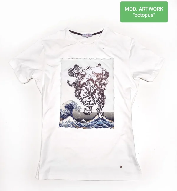 T-shirt made in Italy fantasia OCTOPUS  100% cotone jersey pettinato -DESIGN OCTOPUS-