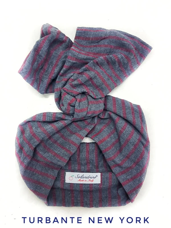 Turbante a righe in cotone Goffrato bordeaux e grigio antracite made in Italy fascia capelli hairband grey striped burgundy 100% cotton