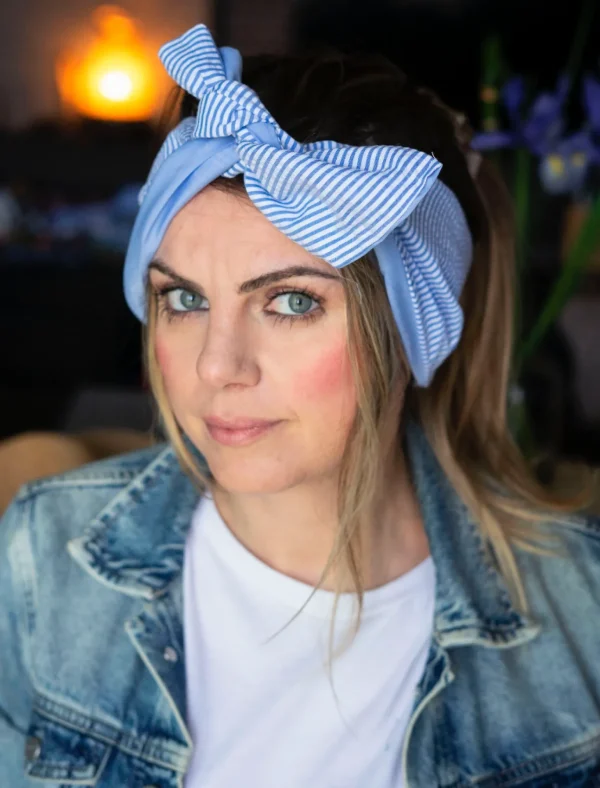 Turbante Fashion in cotone Fantasia rigata design goffrato azzurro 31 Made in Italy