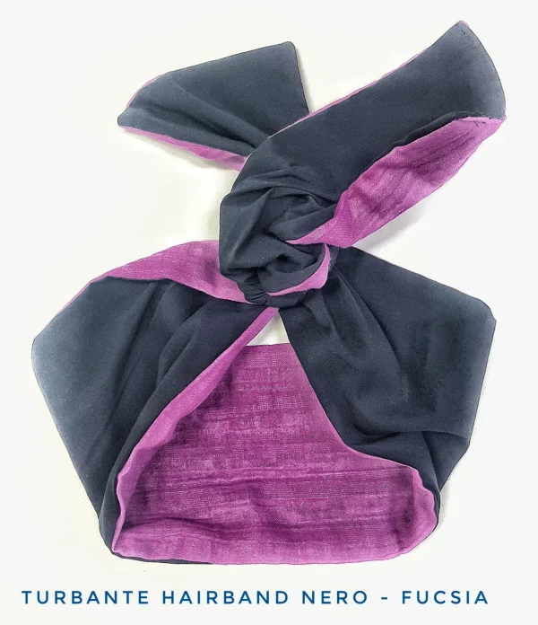 Turbante nero bicolore fucsia Fashion in cotone fascia capelli design double face fucsia nero made in Italy