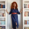 VESTITO LUNGO Donna Lino blu camicione Vestito collo FINAM  made in italy dress shirt